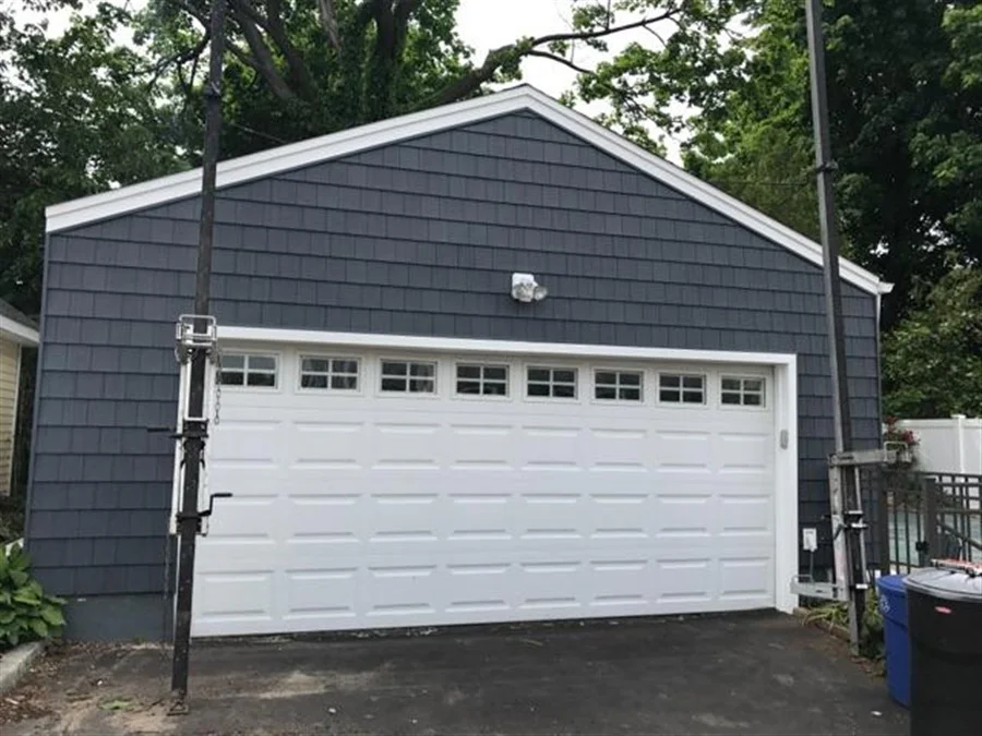 a garage with a white door