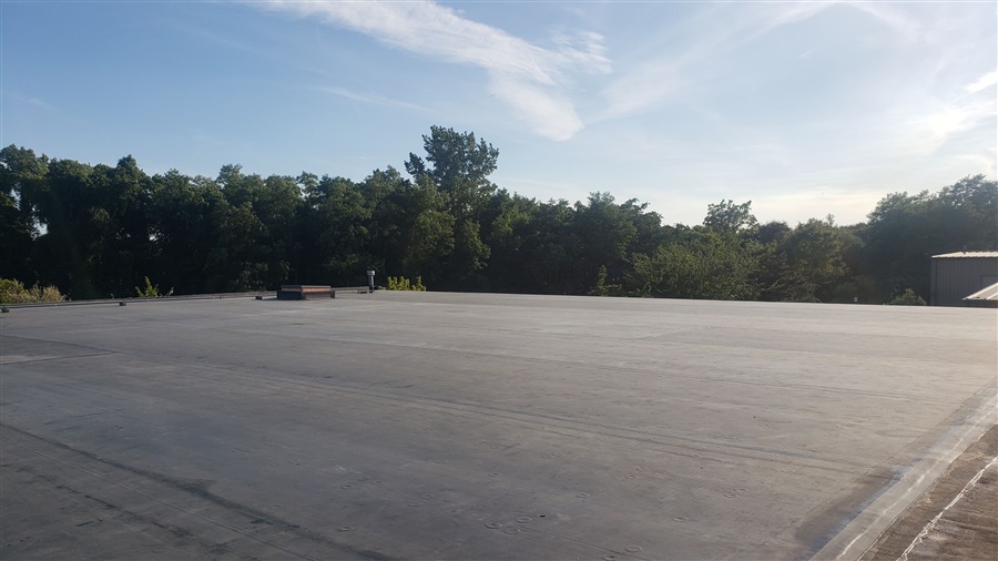 a large concrete roof with trees in the background